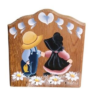 Vintage Wood Napkin Holder Hand Painted Country Couple & Flowers